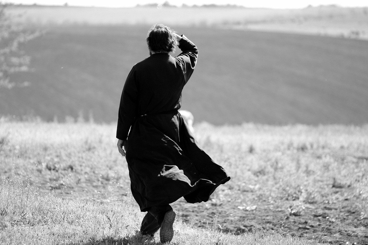 monk, coat, black, wind, solitude, plain, monk, monk, monk, monk, monk, solitude