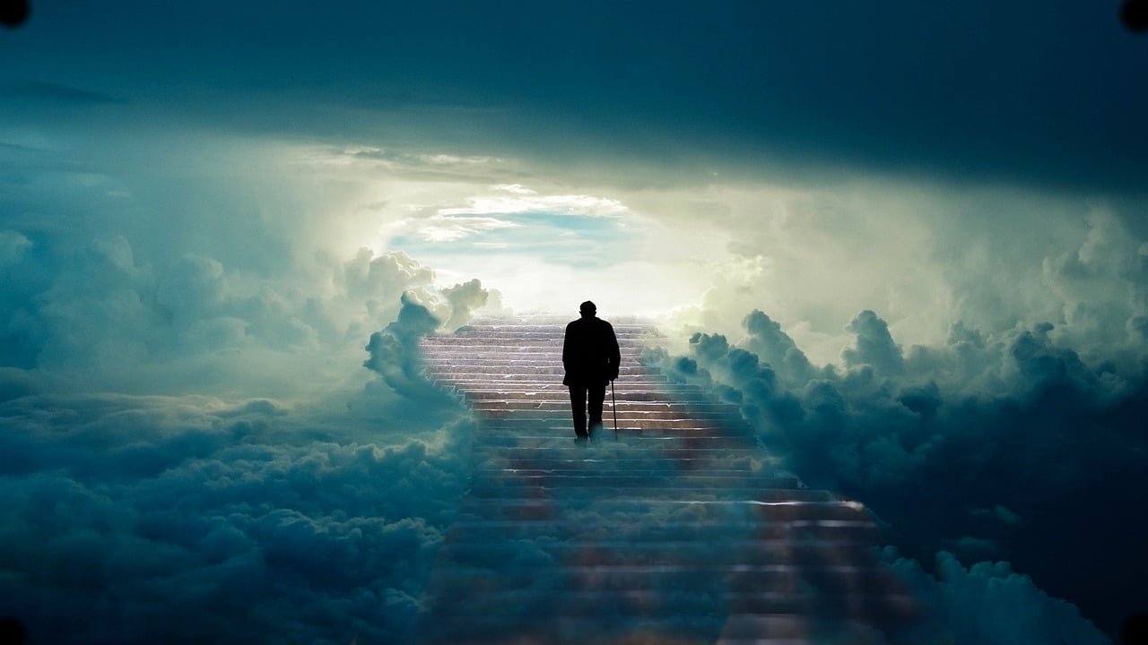 man, nature, stairs, heaven, old man, stairway, steps, sky, clouds, cloudy, paradise, faith, belief, fantasy, mourning, loss, grief, afterlife, death