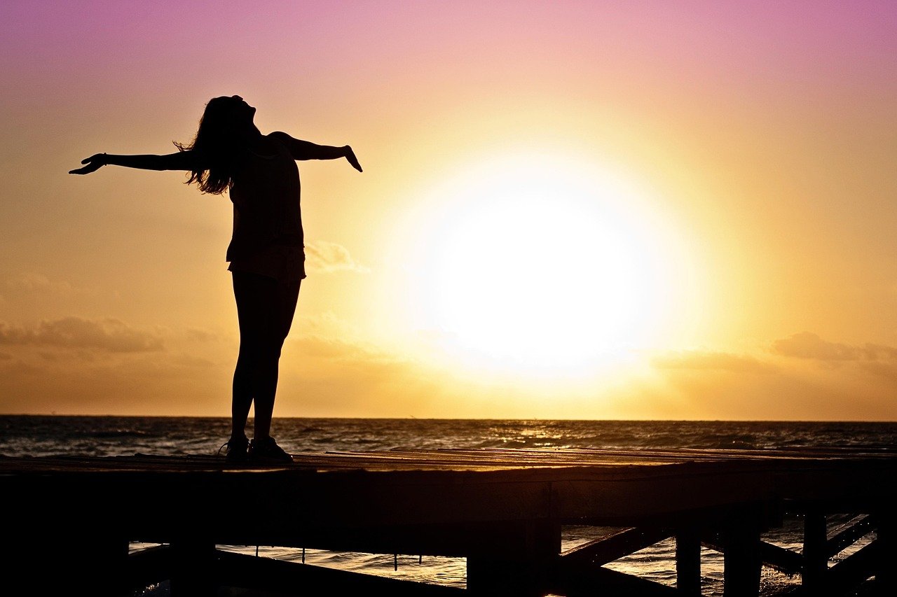 woman, girl, freedom, happy, sun, nature, silhouette, sunrise, beach, sunset, dusk, dawn, twilight