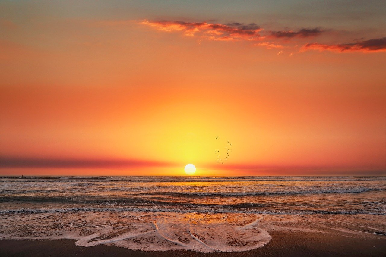 sunset, sea, beach, clouds, calm, waves, sand, relaxation, romance, orange, sky, dawn, tide, silence, sun, glowing, natural beauty, serenity