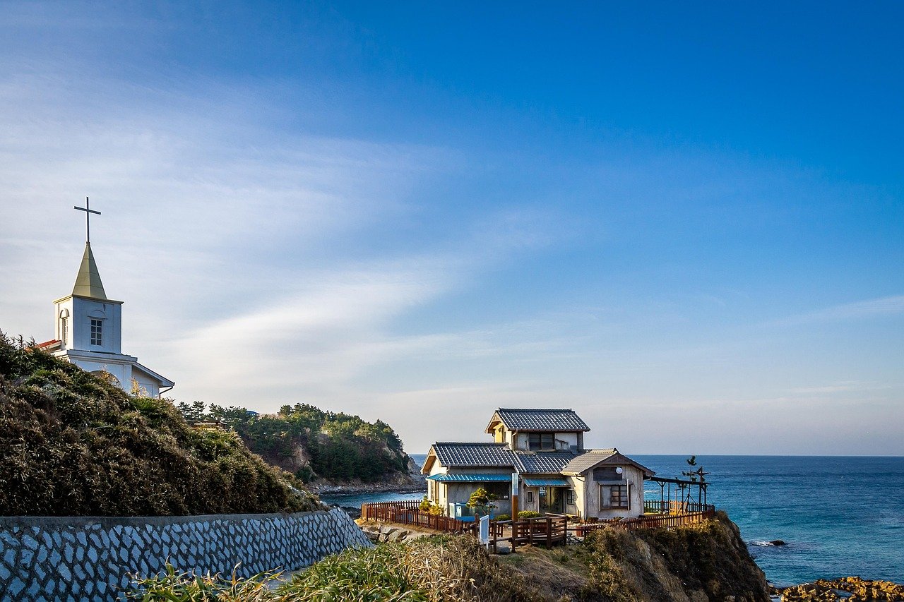 sea, hill, house, travel, view, summer, church, blue sky, a house on a beach hill, tourist destination, architecture, scenery, nature, religion, sky, blue, landscape