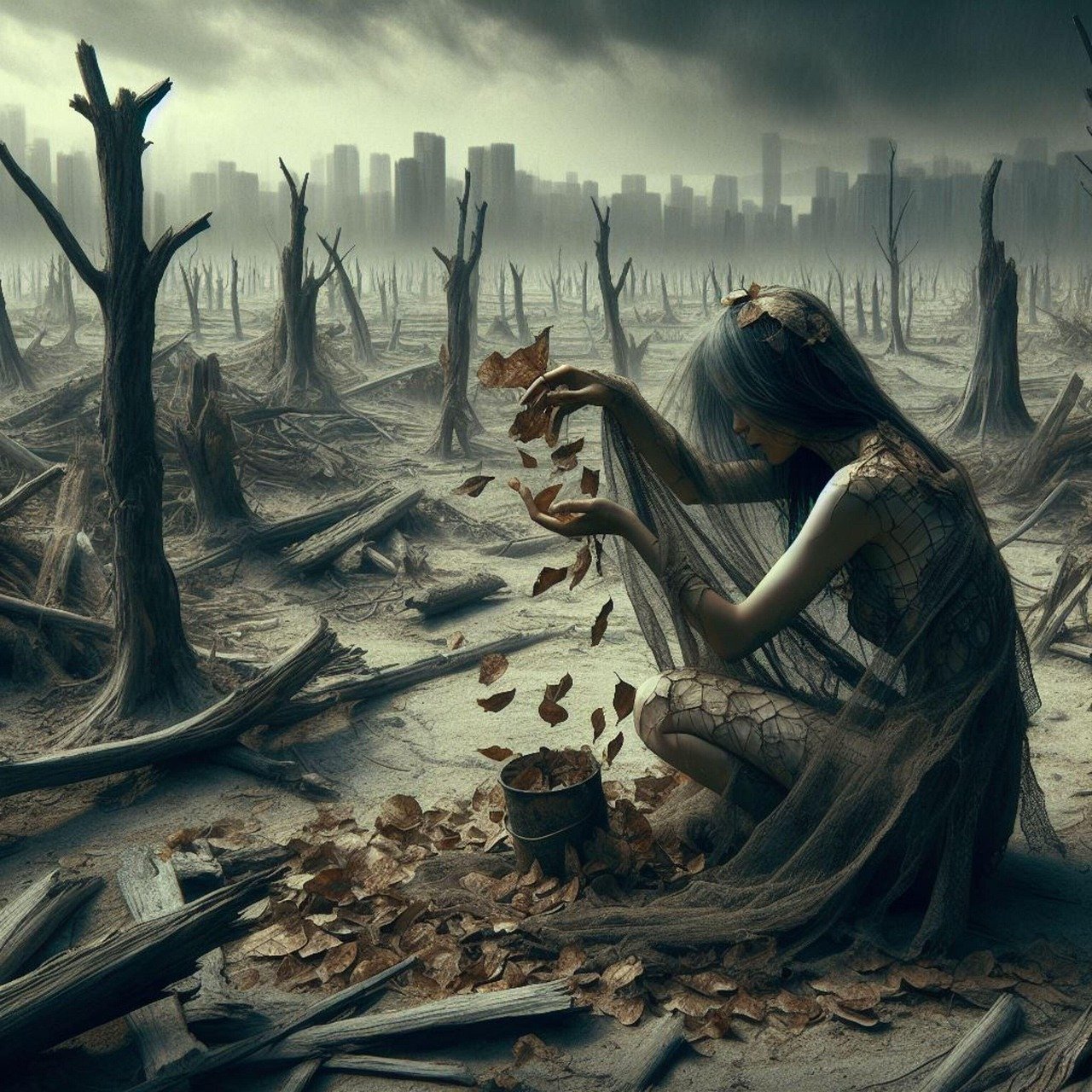 ai generated, woman, tree, branches, destruction, moor, sadness, pain, surrealism, dream, nightmare, desolation, mind, thinking, cracks, fissure, tears, mother earth, nature