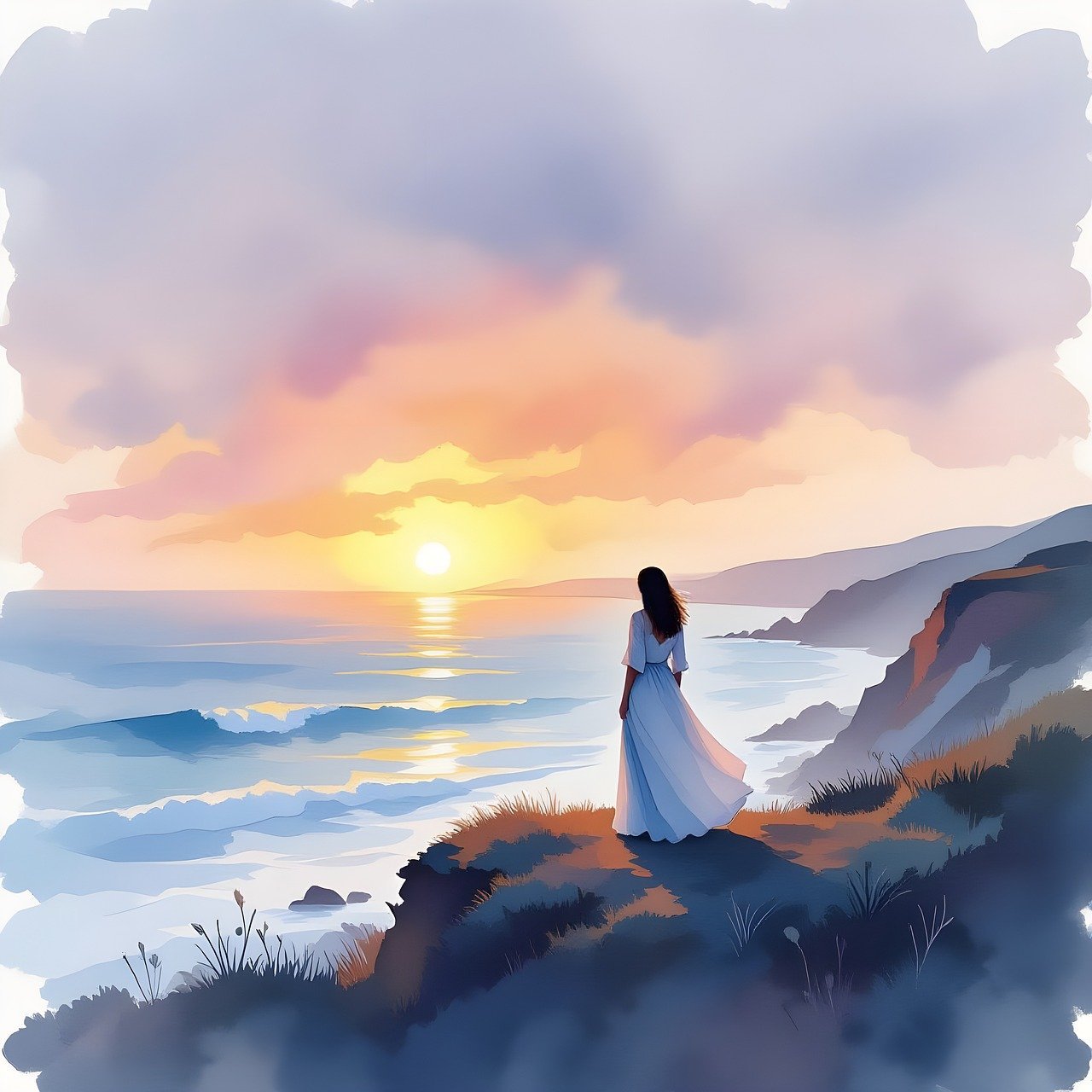 woman, female, ocean, sea, nature, sunset, water, waves, seascape, sky, horizon, coast, seashore, dusk, landscape, scenic, painting, calm, alone, view, copy space, ai generated, mood