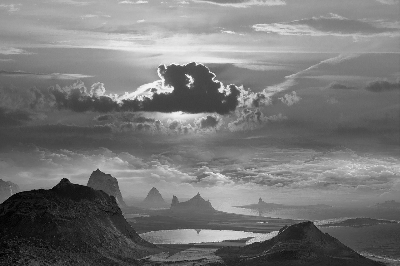 fantasy, landscape, mountains, lake, sky, cloudy, fog, sunset, reflection, black and white, drama, mysterious, beauty, nature, fantasy landscape, aesthetic, dreamlike, mountain scenery, silhouette