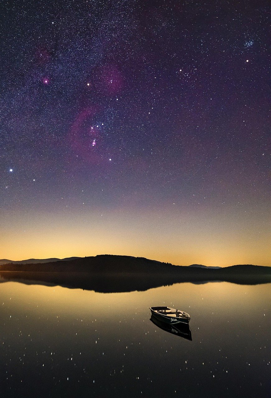 lake, boat, night, stars, nature, sky, water, reflection, hill, silhouette, evening, night sky, dark, orion, astronomy, dream, silent, scenic, aesthetic wallpaper, phone wallpaper