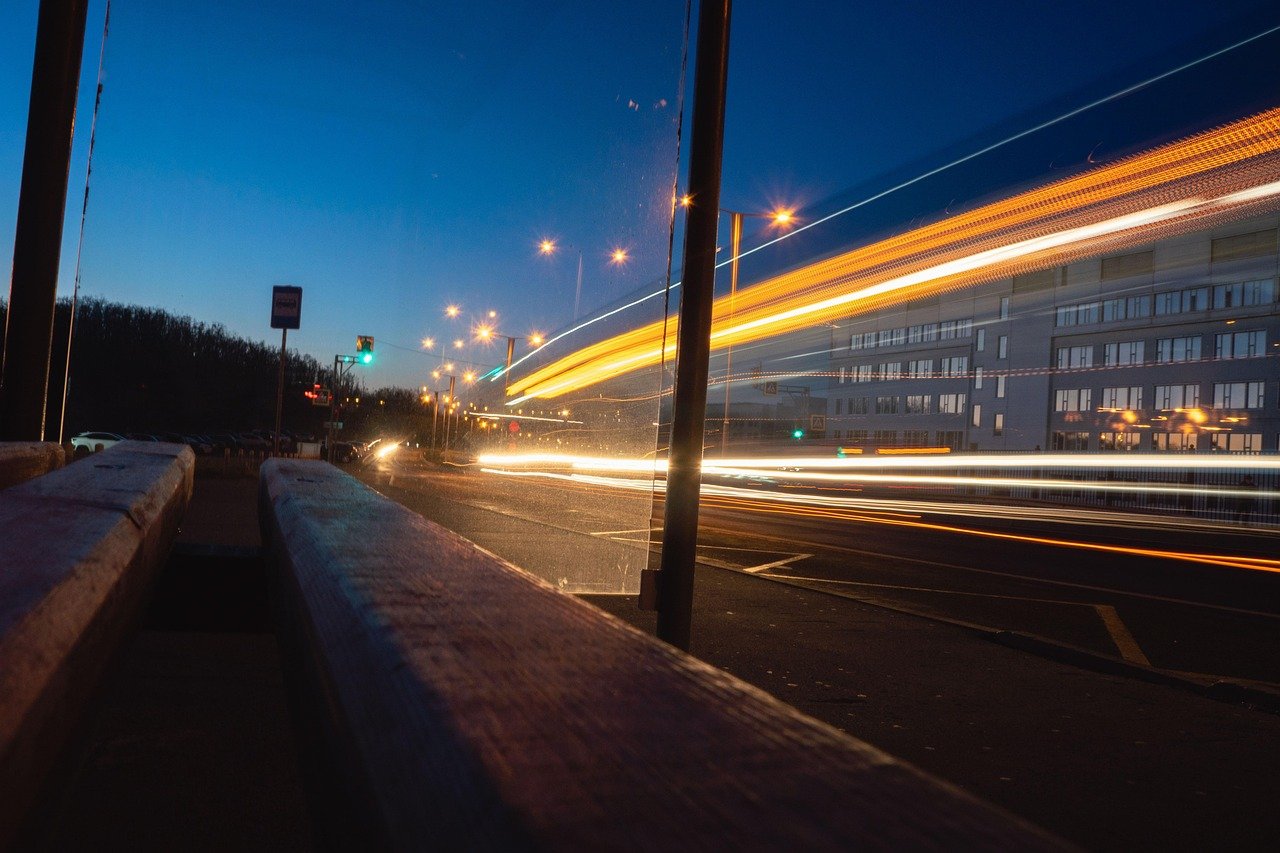 bus, station, road, night, light, waiting