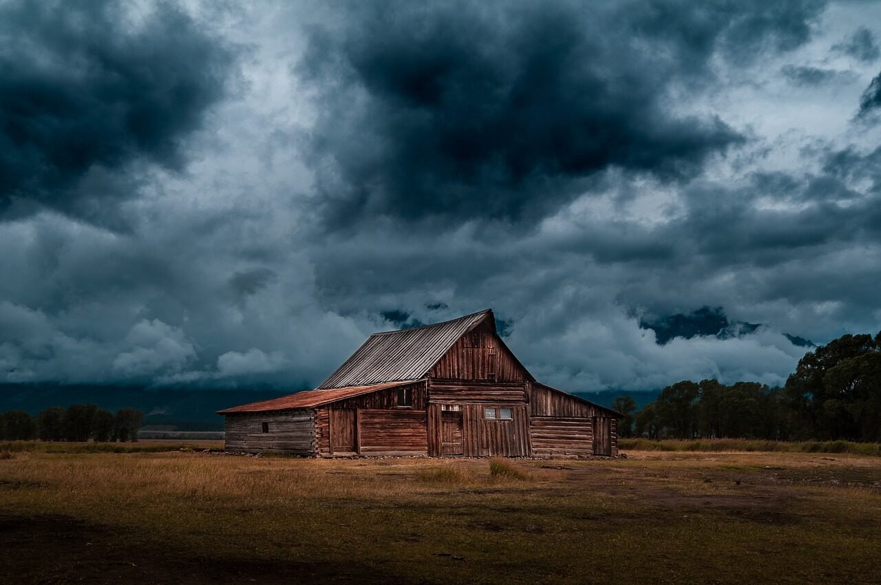 cabin, countryside, storm, barn, rural, sky, clouds, nature, weather