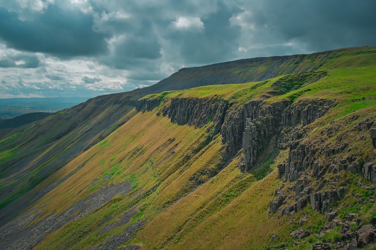rock, nature, landscape, england, meadow, mountainside, heaven, clouds