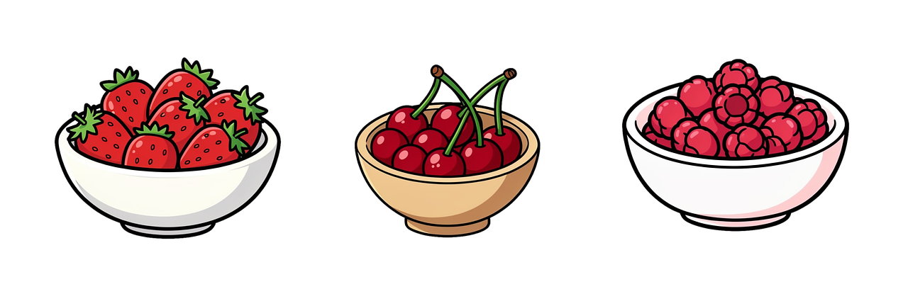 strawberries, cherries, raspberries, food, fruits, healthy, nature, fresh, vitamins, summer, organic, sweet, nutrition, ripe, harvest, produce, delicious, cartoon, educational, cutout, ai generated