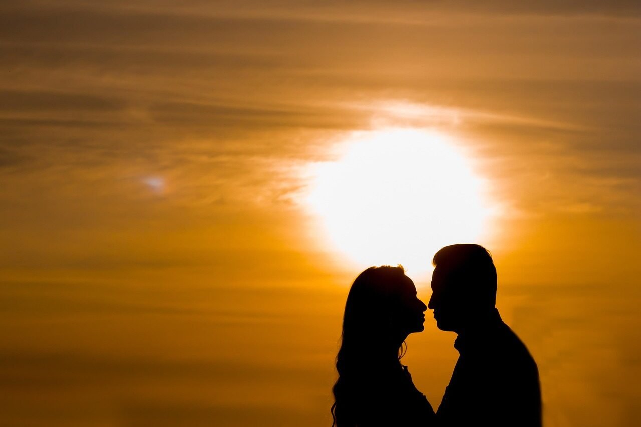 couple, nature, silhouette, sunset, man, woman, husband and wife, boyfriend girlfriend, pair, together, couple silhouette, love, romantic, affection, marriage, courtship, people