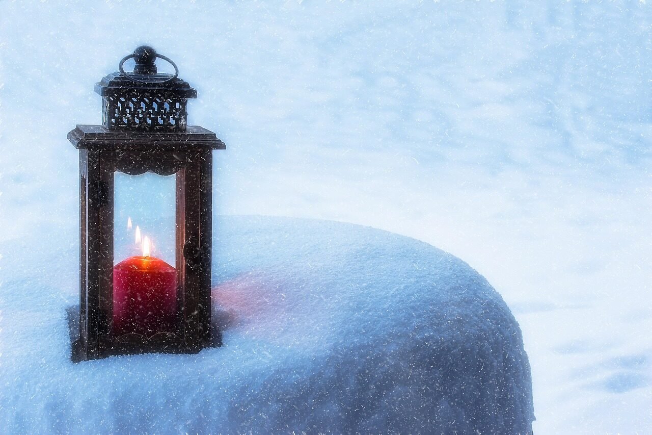 lantern, candle, light, mood, candlelight, romance, snow, snowfall, nature, winter, covered in snow, cold, wintry, snow area