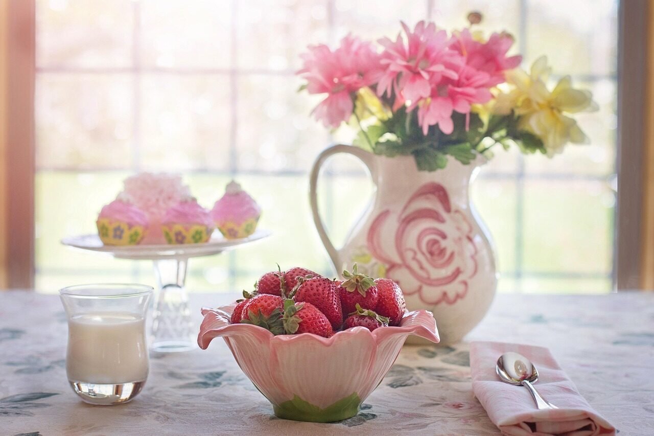 strawberries, bowl, summer, nature, fruits, fresh, harvest, ripe, breakfast, table, dining table, cream, still life