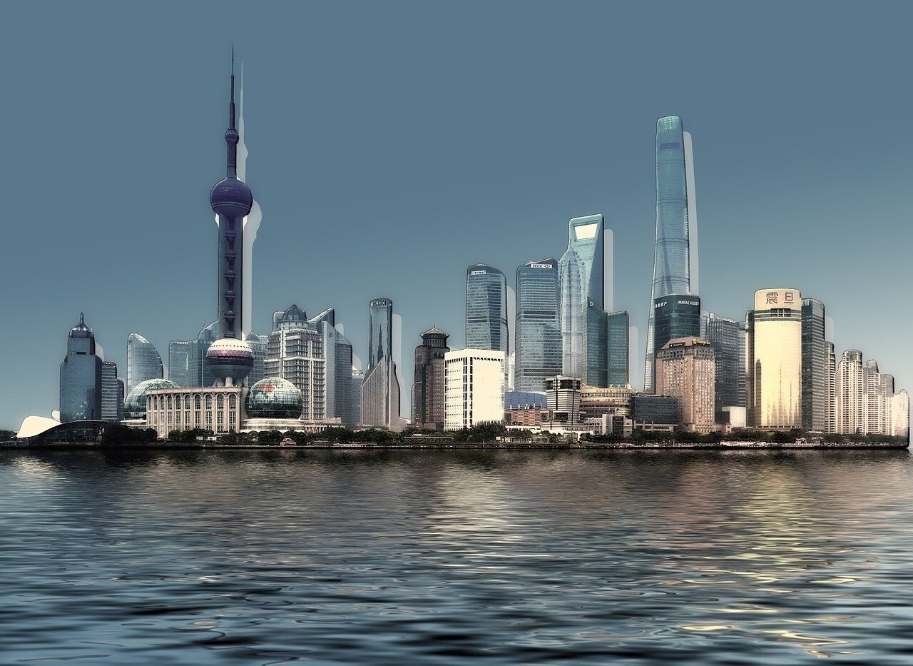 skyline, city, water, waves, flow, building, skyscraper, architecture, houses, big city, metropolis, nature, skyscrapers, graphic