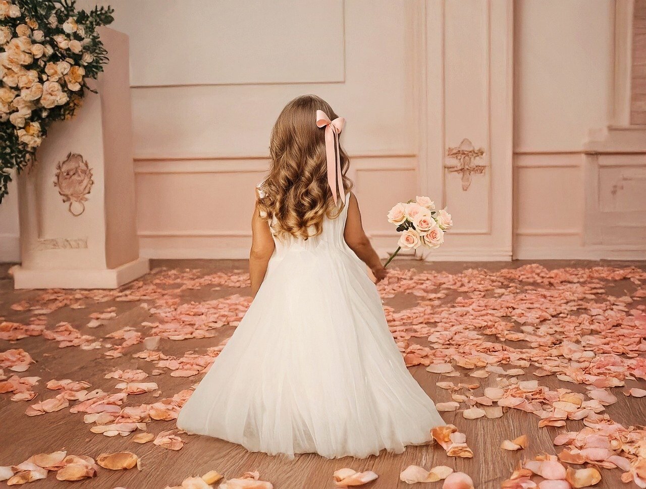 flower girl, wedding, little girl, toddler girl in wedding, dressed up, dressy, wedding hall