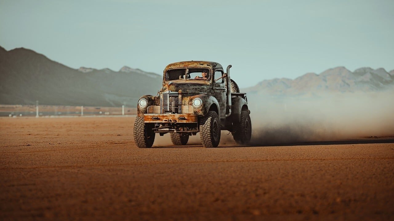 truck, desert, drylake, lakebed, nevada, nature, usa, classic, vintage, retro, vehicle