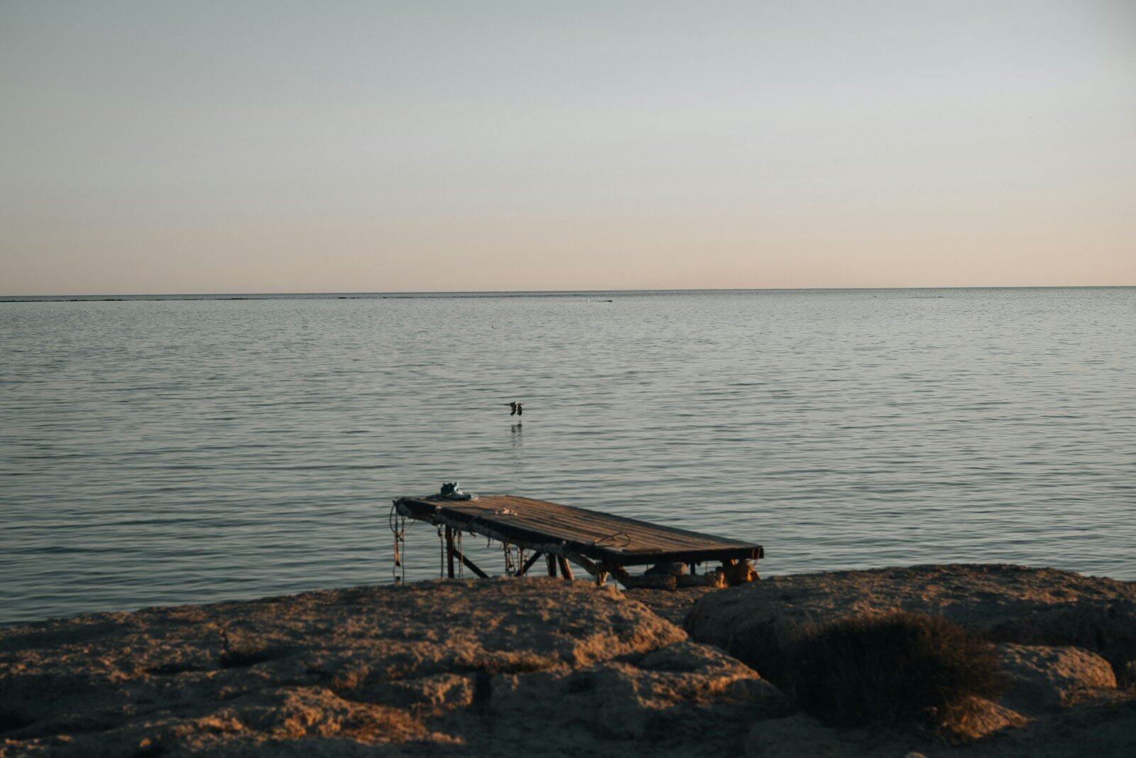 Wooden dock extends into calm water under a clear sky.