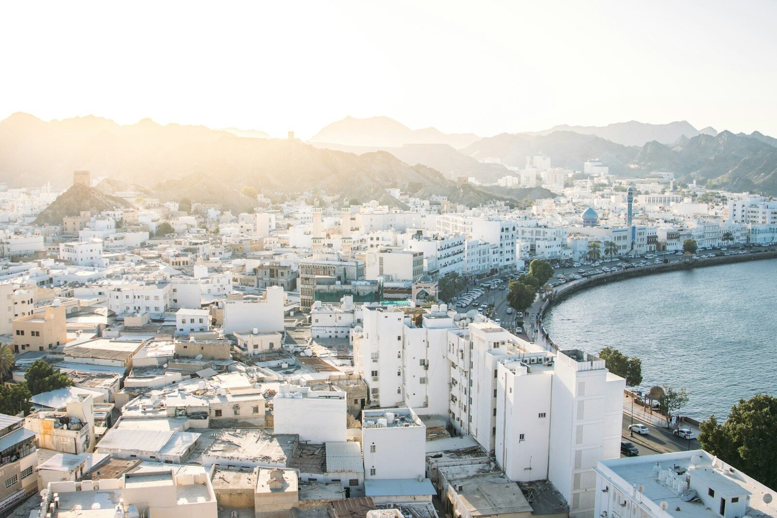 Sunlit coastal city with white buildings, bay, and mountains.