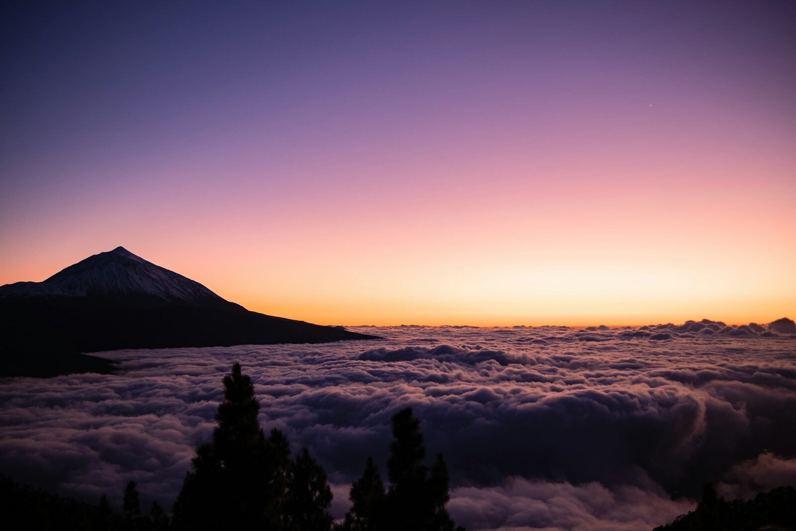 Mountain peak rises above a sea of clouds at sunset.